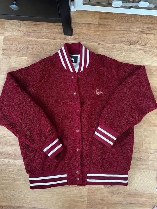 Stussy Jackets & Blazers - Stussy Maroon Sherpa Bomber Jacket with White Striped Trim